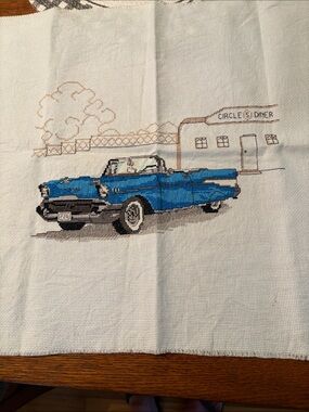 Handmade Cross-Stitch Classic Blue 1957 Chevrolet convertible completed